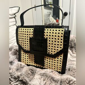 Italian Leather and Bamboo Woven Top Handle Bag - Black
